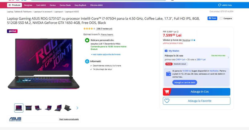 Laptop gaming Asus Strix , intel core i7-9750H (hexa core) ,ram 16 gb