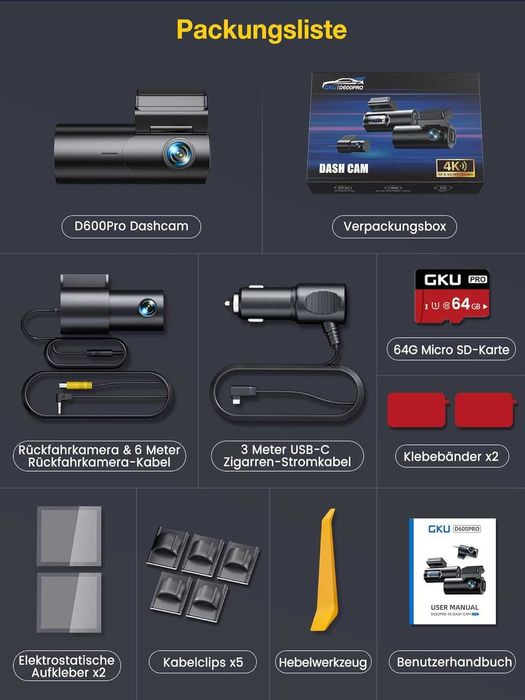 Camera auto GKU 4K+1080P față/spate cu card SD de 64GB, GPS WiFi 5GHz, cameră auto IPS de 1.5” cu monitorizare a parcării, vedere nocturnă superioară
