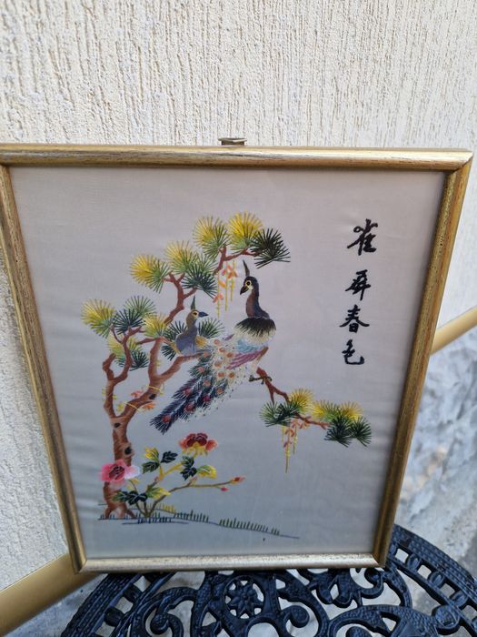 Прекрасна антикварна китайска бродерия картина върху коприна