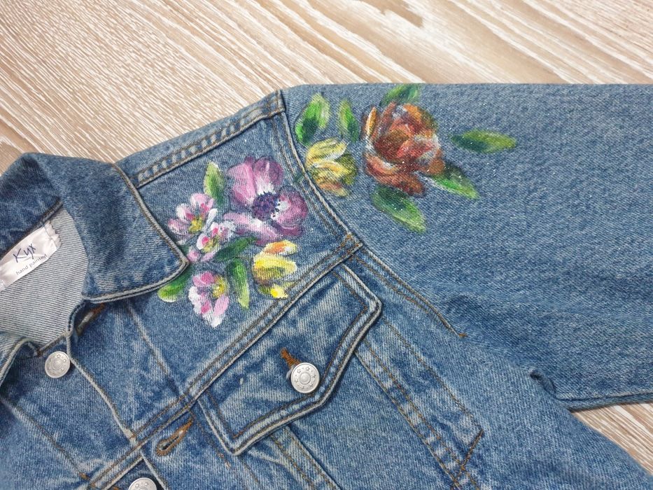 Jacheta jeans pictata manual flori M/L 38 40