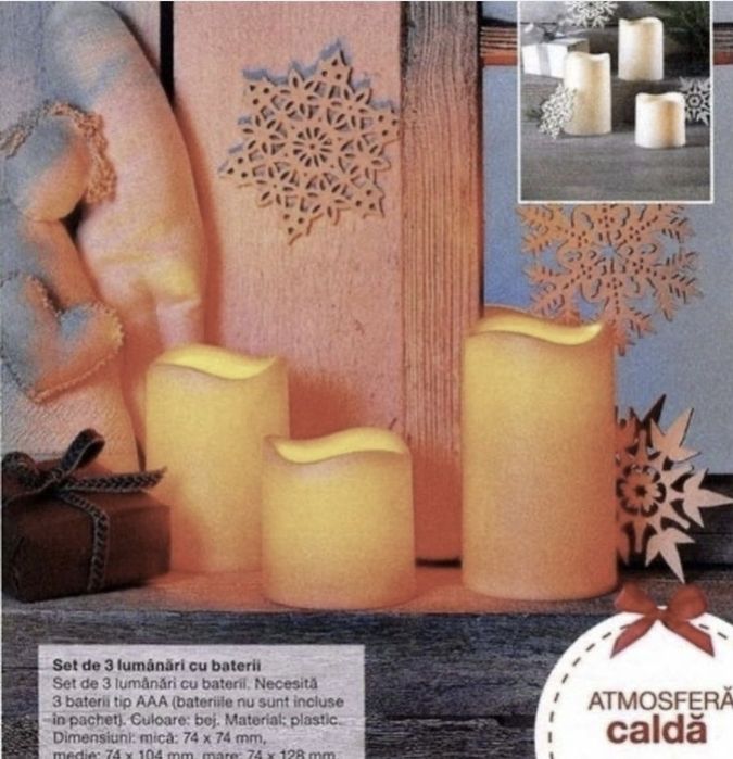Set de 3 lumanari cu baterii cu fundite festive detasabile