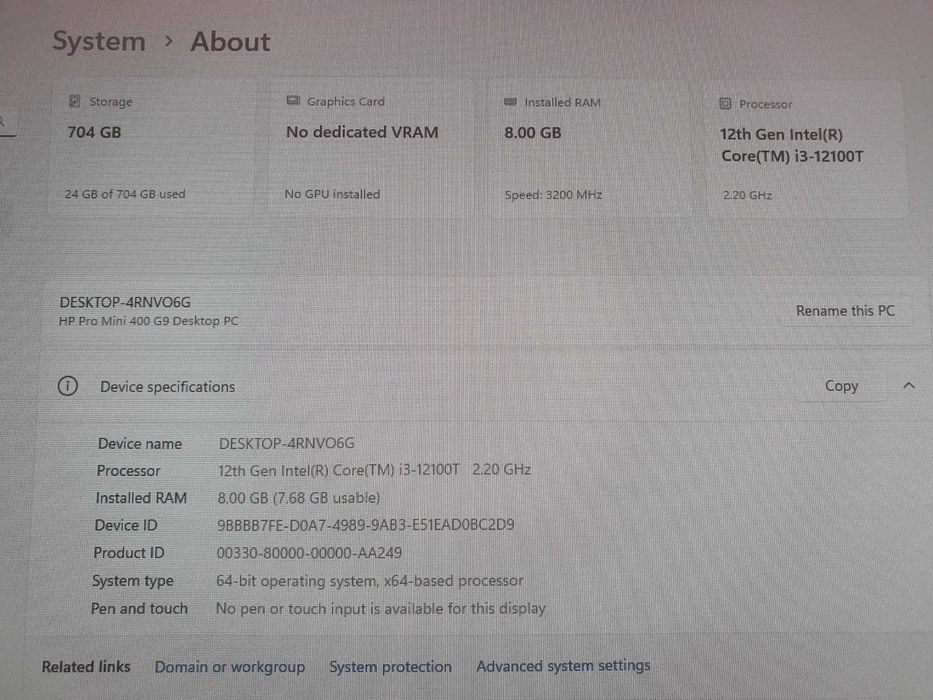 Mini PC HP ProDesk 400 G9 I3 12100T 8GB Ram DDR4 256GB SSD NVMe NOU