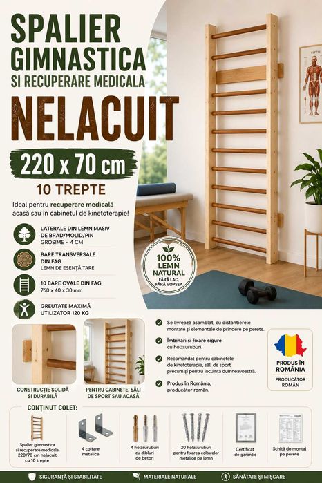 Spalier gimnastica 220/70cm, nelacuit -10 trepte
