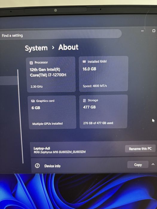 ASUS ROG Zephyrus M16 i7-12700H RTX 3060 6GB 16GB DDR5 SSD 512GB Gaming