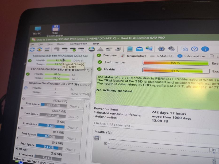 SSD Samsung 840 PRO 256GB MLC – 91% Health – Testat