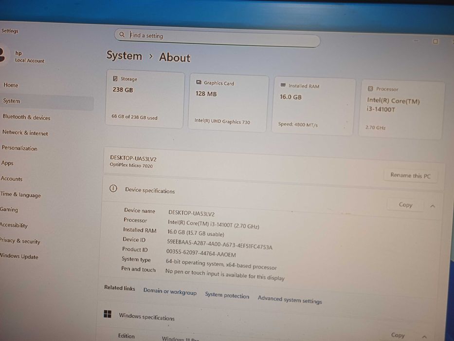 Dell OptiPlex Micro 7020 Core™ i3-14100T /16GB DDR5/256GB SSD NVme