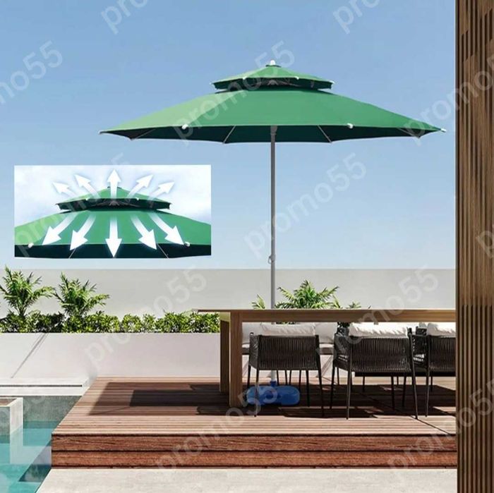 Голям чадър 220см. с двоен покрив за стабилност при вятър, 4 цвята