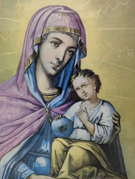 Vând icoană religioasă veche cu Maica Domnului și Pruncul