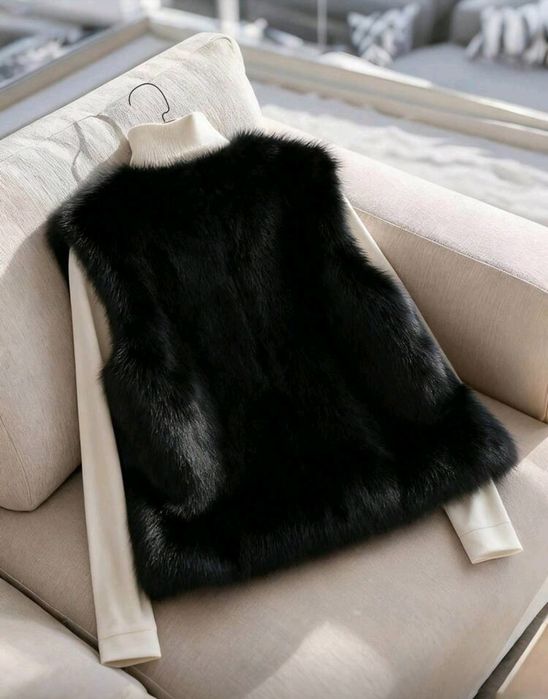 Страхотен макси пухен нов елек с лъскав еко косъм