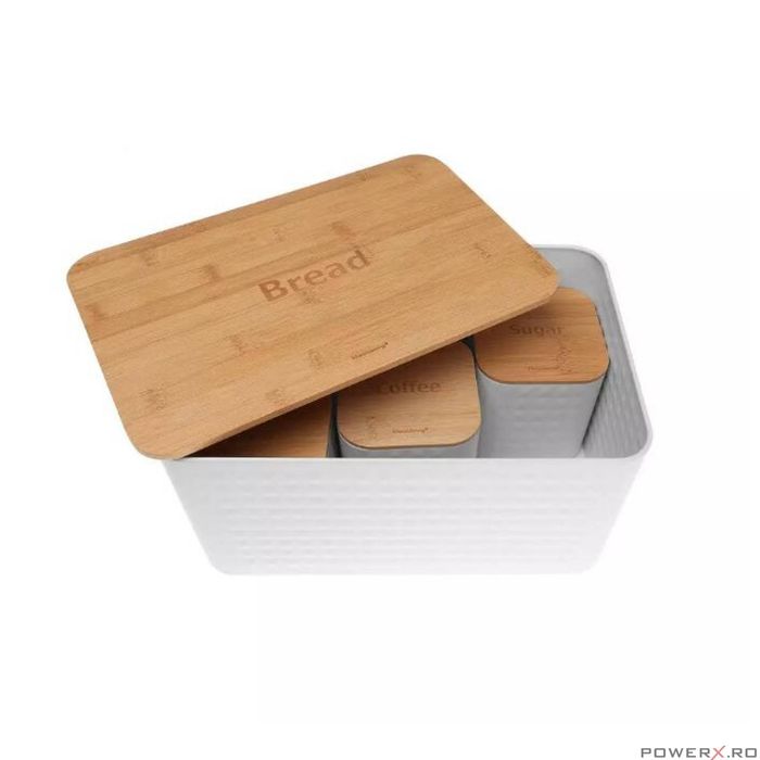 Cutie pentru paine si recipiente pentru ceai, cafea si zahar, din otel