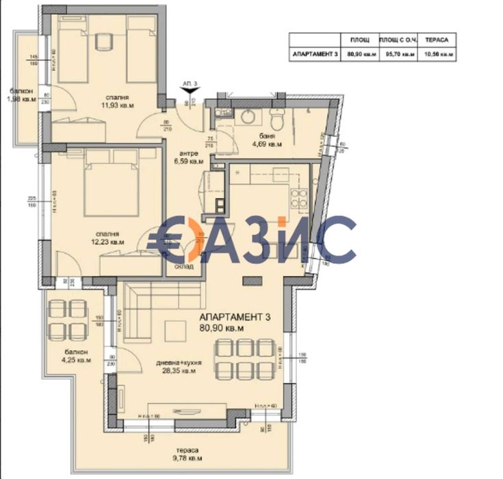 3-стаен апартамент на 1-ви етаж, Флора Бийч, Сарафово, Бургас - 106,26