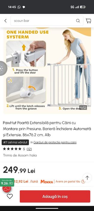 Portița protecție bebe/ animale extensibilă, prin presiune