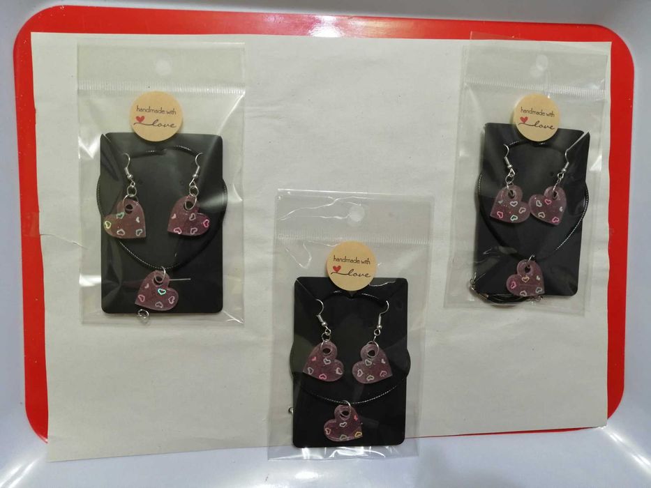 Set Colier + Cercei Love Glitter Hart, handmade, fashion, modele unice