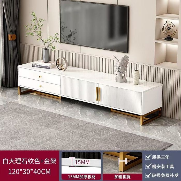 Тумба под ТВ 180×30×40 см — Белый мрамор и золотая фурнитура