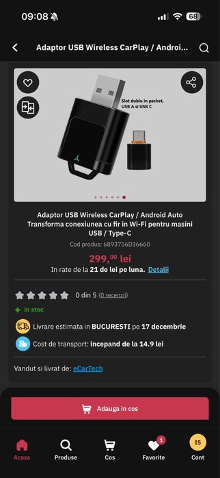 Adaptor wireless pentru Apple Carplay si Android Auto