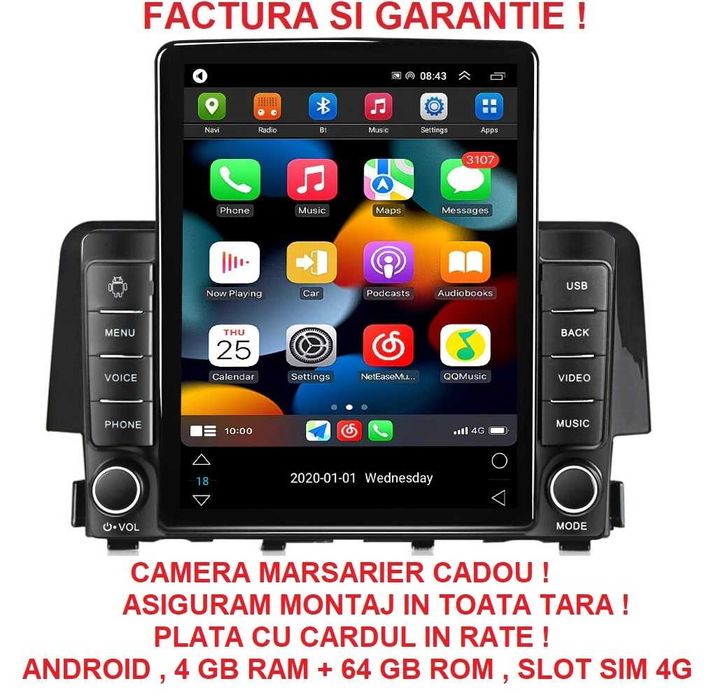 Navigatie Honda Civic din 2016 - 2021 Ecran TESLA 9.7 inch 4GB RAM