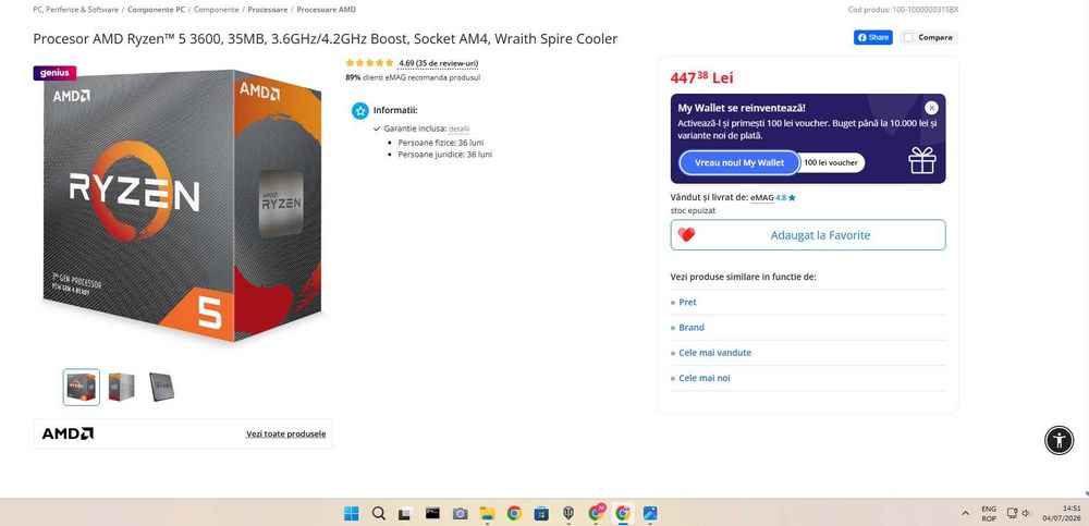 AMD Ryzen 5 3600 + Wraith Spire Cooler inclus/ Achiziționat nou în 2026 / Testat OCCT / Temperaturi foarte bune / AM4