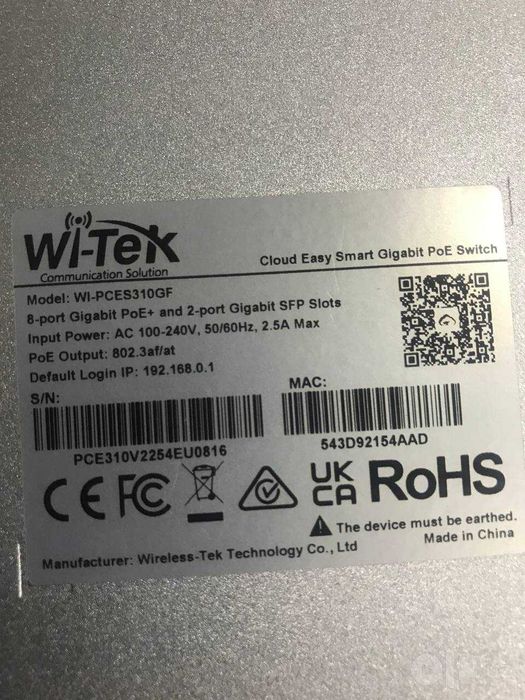 Wi-Tek WI-PCES310GF(V2) 8-port PoE+ коммутатор. PoE+ Swicth  IP