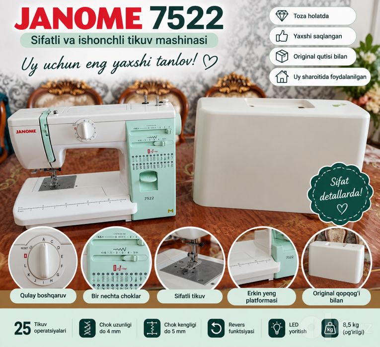 Janome 7522 tikuv mashinasi sotiladi.