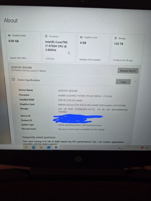 HP Pavilion Gaming 15 | i7-9750H | GTX 1650 4GB | 8GB RAM | SSD + HDD