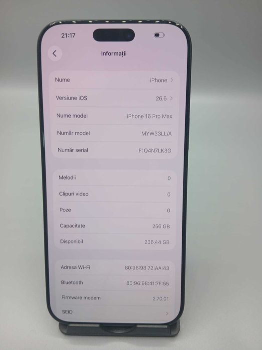 Apple iPhone 16 Pro Max Black Titanium, 8GB RAM, Capacitate de Stocare 256GB, DOAR eSIM