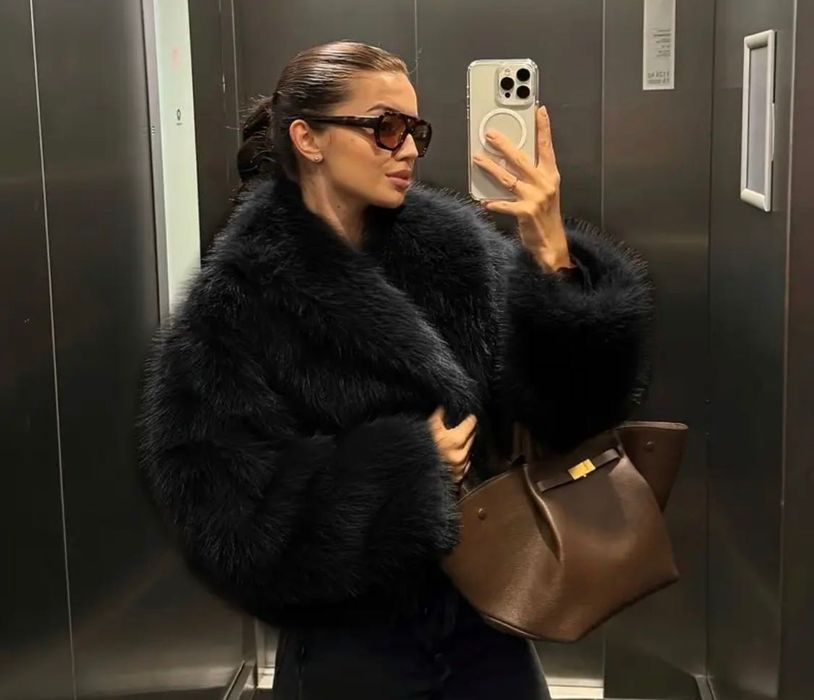 Черно палто изкуствен косъм