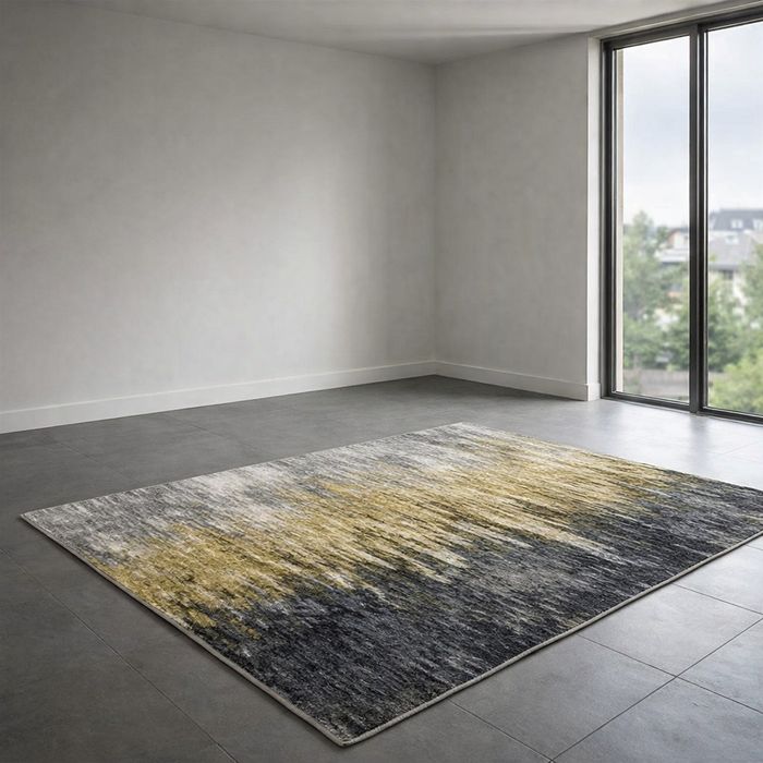 Модерен килим за хол 120х160см - Геометрично сиво със жълт квадрат и 3