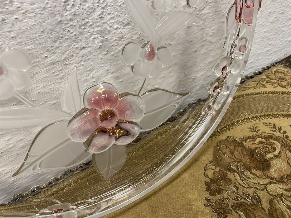 Голям поднос цветен кристал релефни орнаменти Германия 1960