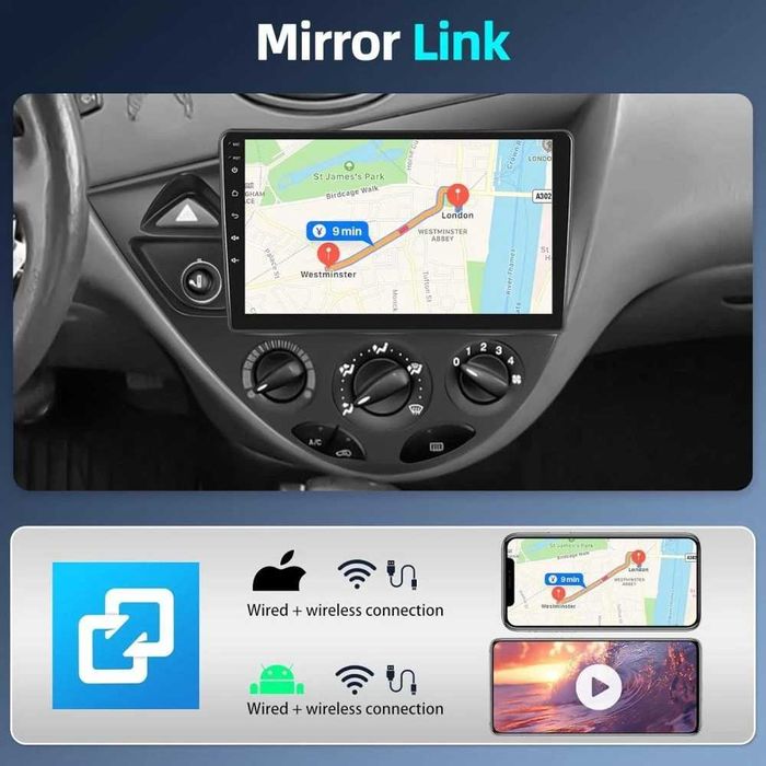 Мултимедия за Ford Focus Двоен дин Навигация плеър екран Android GPS, Carplay, Waze