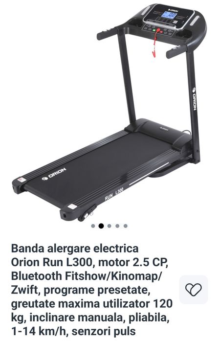 Banda alergare electrica Orion Run L300, motor 2.5 CP, Bluetooth Fitshow/Kinomap/Zwift, programe presetate, greutate maxima utilizator 120 kg