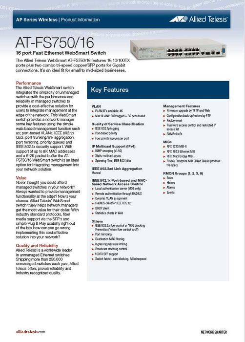 Switch Allied Telesis AT-FS750/16, 16 x 10/100TX, WebSmart - NOU