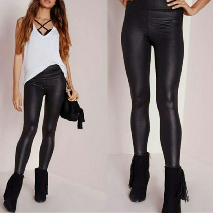 дамски клин кожен ватиран зимен черен мат висока талия плътен ластичен