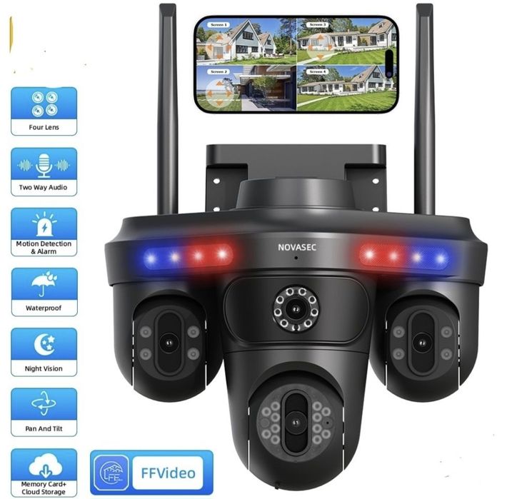 Camera Supraveghere Exterior  Cvadruplă Wireless, 4Lentile,Wifi, Alarm