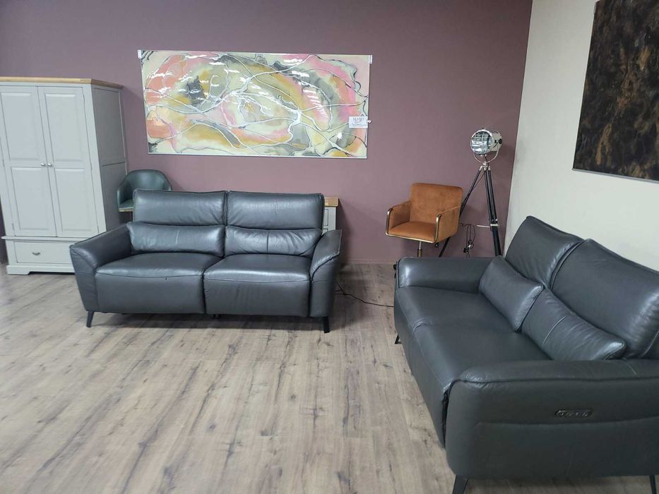 Сив кожен комплект дивани тройка и двойка с ел. релакс механизъм