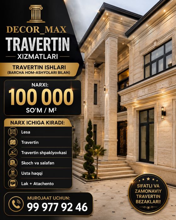 Travertin xizmati 100 ming som