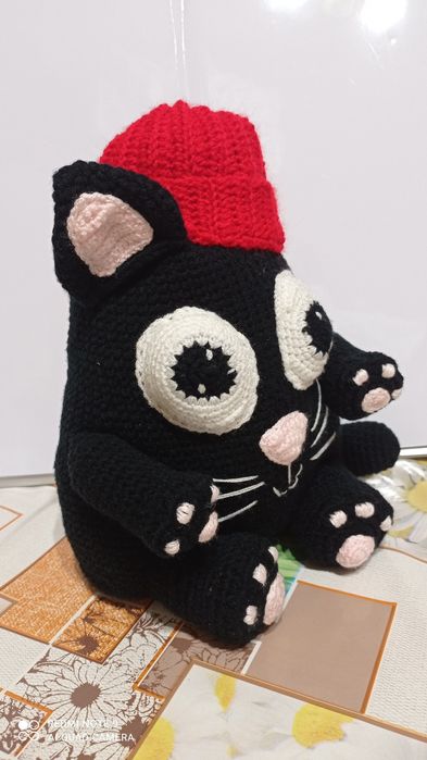 Игрушка ручной работы чёрный котик рост 25 см