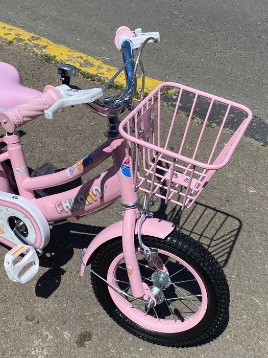 Bicicletă fetițe 2-4 ani, 12”, roți ajutătoare, coș/portbagaj metalic