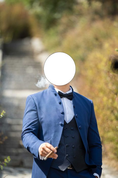 Син сватбен костюм + аксесоари