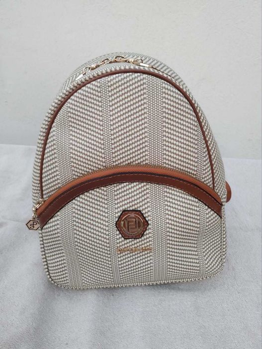 Елегантна дамска раница Silver & Polo – десен пепит / кафява еко кожа