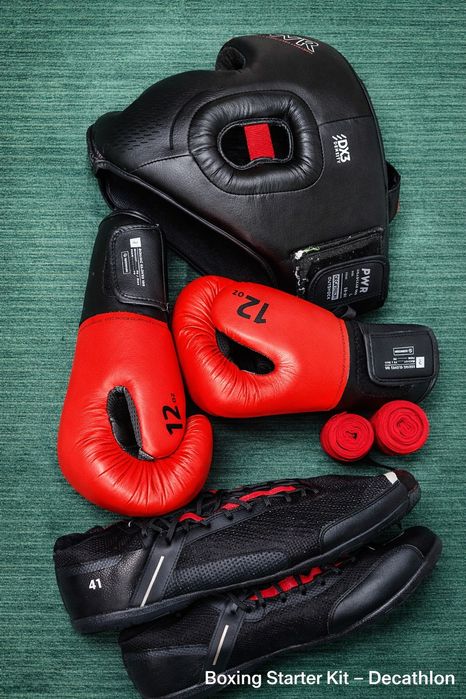 Пълен комплект за бокс Decathlon – каска, ръкавици 12 oz, обувки 42