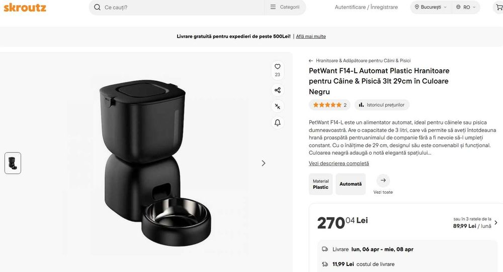 PetWant F14-L Automat Hranitor inox Câine & Pisică 3L 29cm