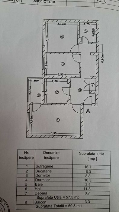 Apartament de vanzare 3 camere decomandat, 60.8 mp²
