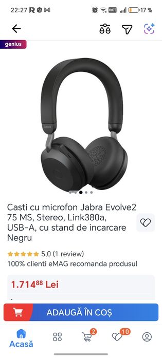 Casti cu microfon Jabra Evolve2 75 MS, Stereo, Link380a, USB-A,