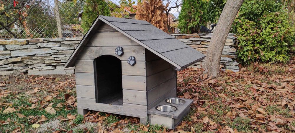 Къща за куче със стряха + купи;Колиба за кучета;Къщи за кученца