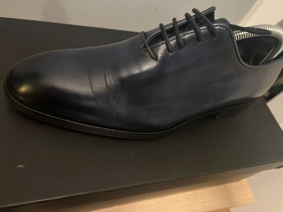 Pantofi Barbati Oxford Albastru Pictat Manual 100% Piele Naturala
