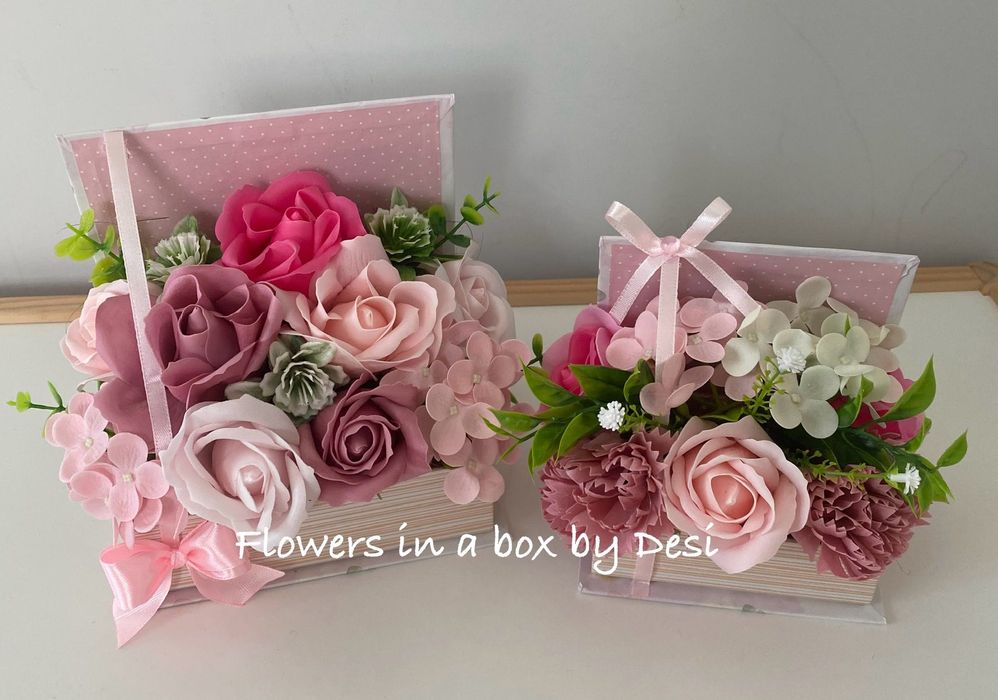 Букети със сапунени цветя в кутия, подарък за първия учебен ден.
