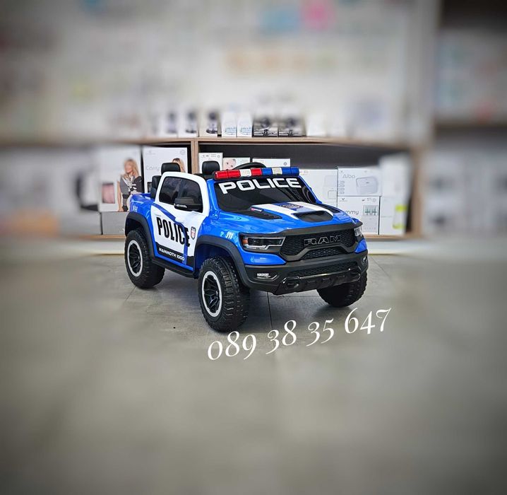 ТОП ЦЕНАНОВО!Акумулаторен джип RAM POLICE BLUE с 12V батерия,EVA гуми,сигнални светлини,,USB,дистанционно