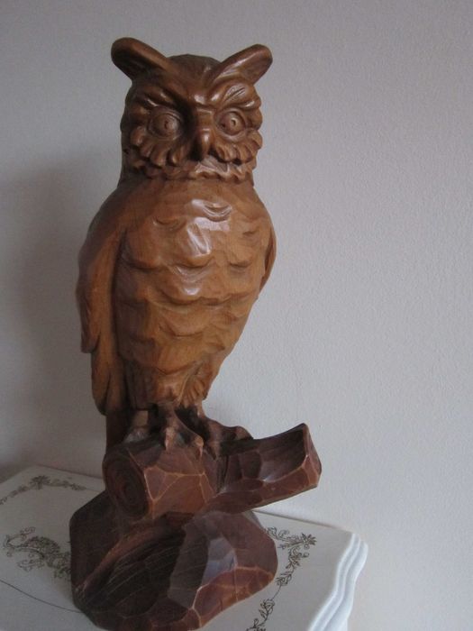cadou rar Black Forest Owl 1950 Bufnita sculptura lemn Germania 1950