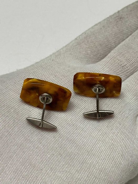 PERECHE BUTONI cu CHIHLIMBAR Baltic - Mari - 3x2 cm - Vintage !