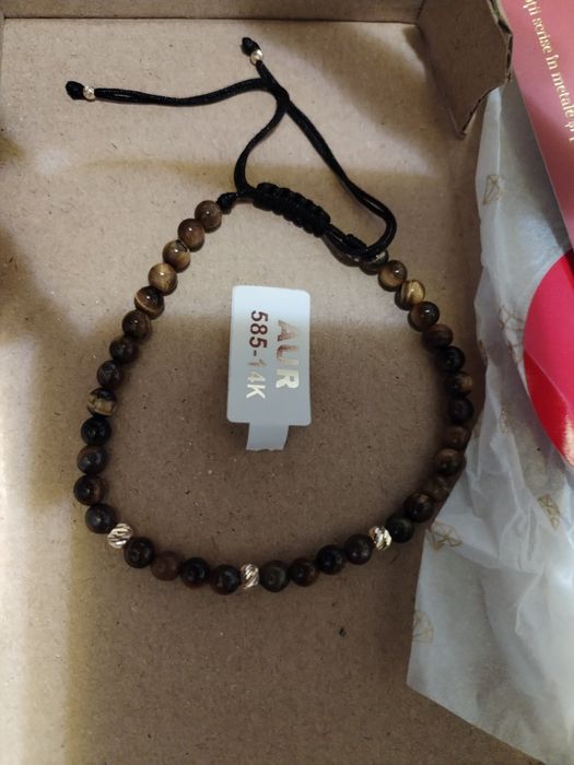 Brățară cu pietre semipretioase ochi de tigru cu bile aur 14 K